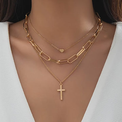 Cross Multi layer 18K Gold Necklace